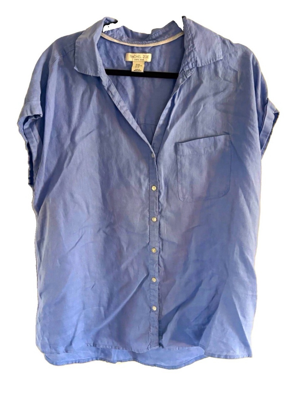 Light blue button down 100% linen XL top blouse cap sleeve work vacation summer